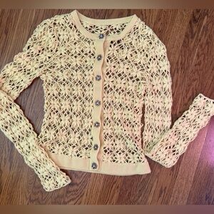 Cashmere Delicate Floral Crochet Openwork Sweater With Jeweled Buttons
